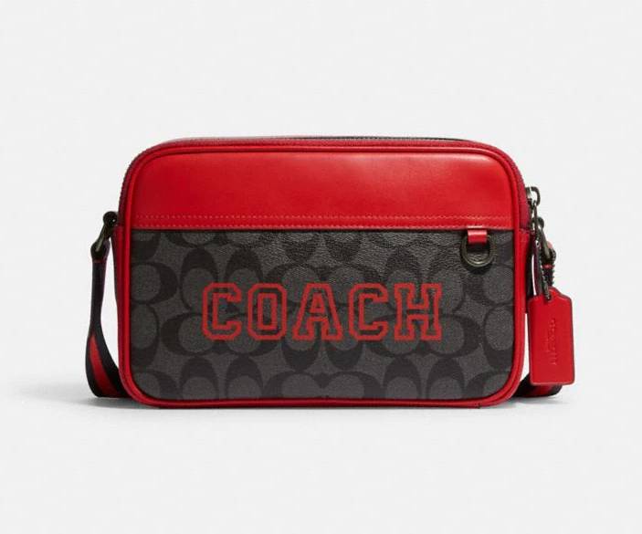 Coach Graham Crossbody In Signature Canvas With Varsity Motif Black Antique Nickel Charcoal Bright Poppy Bag CE638 QBVF4